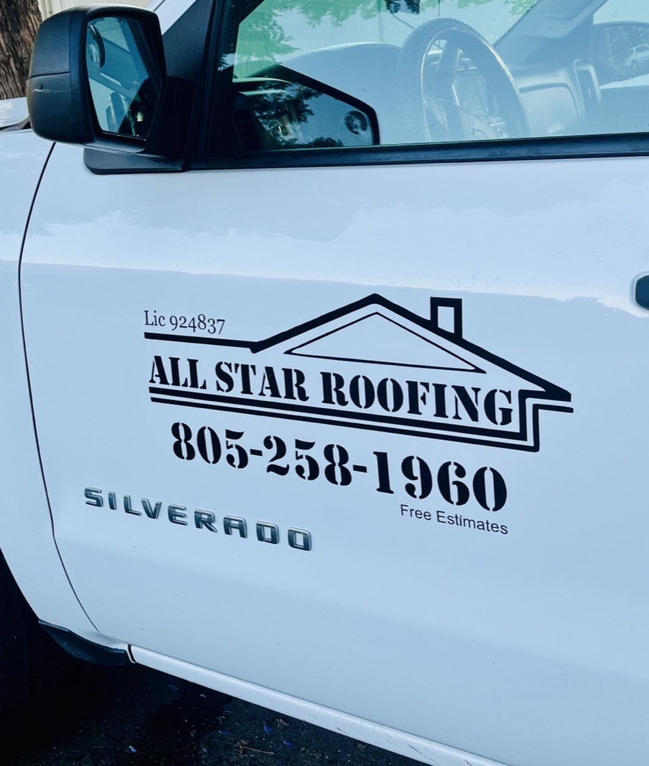 The All Star Roofing work truck, with the company logo, license number 924837 and phone number (805) 258-1960 lettered on the door